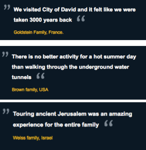 Not only does the City of David offer amazing tours, help visitors cool off in summer, and function as a time machine, it also generates a striking amount of testimonial unity for generically named Jewish families around the world!